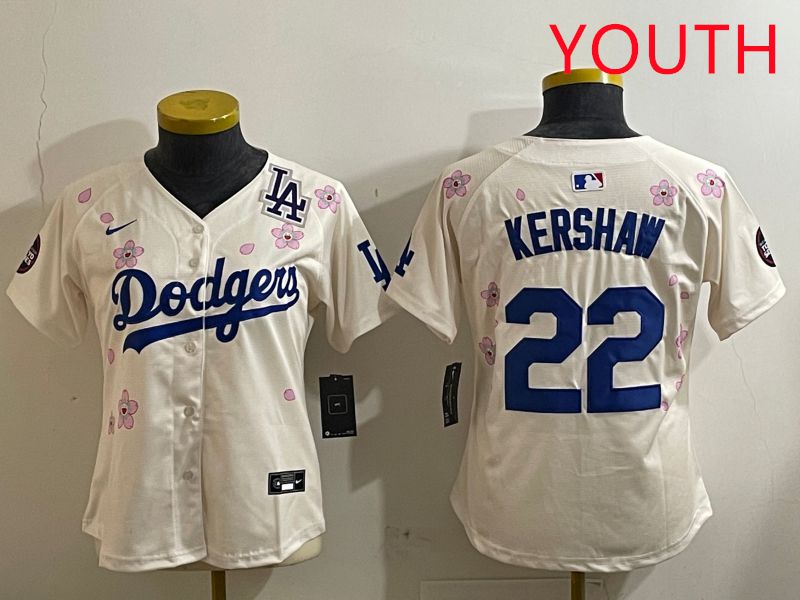 Youth Los Angeles Dodgers #22 Kershaw Cream Sakura Edition 2025 Nike MLB Jersey style 9->youth mlb jersey->Youth Jersey